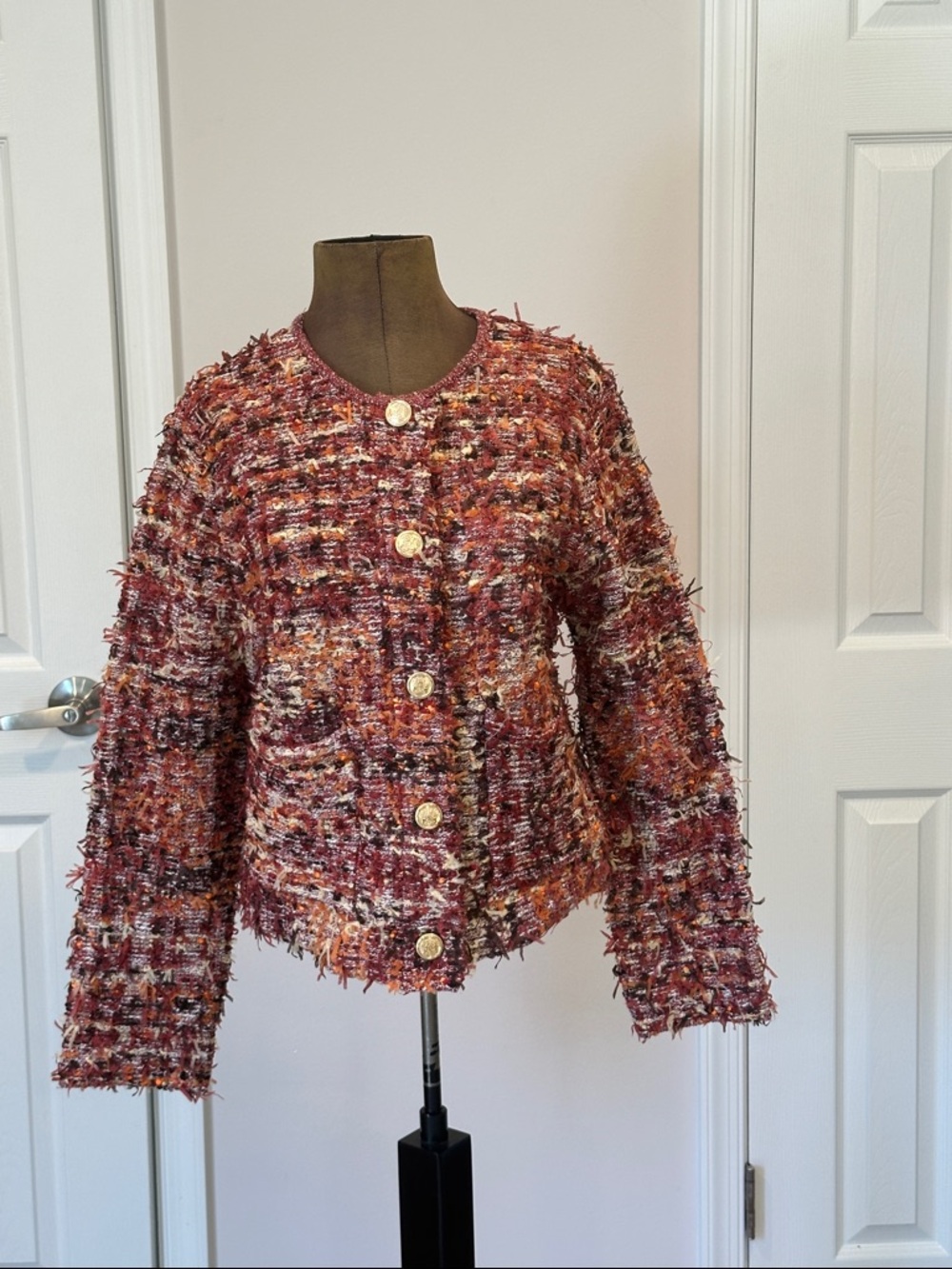 Zara, Textured Tweed Button-Front Jacket in Rust Multi Size L